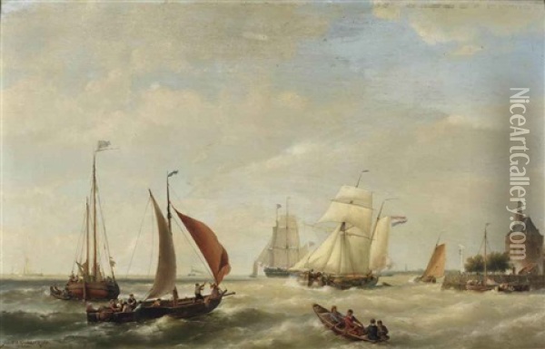 Sailing Ships Near The Shore Of Enkhuizen Oil Painting - Johannes Hermanus Barend Koekkoek