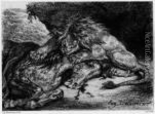 Lion Devorant Un Cheval Oil Painting - Eugene Delacroix