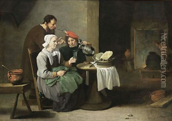 A Peasant Woman And A Young Man Eating And Drinking At A Table, With A Man Standing Behind, Other Figures Near A Fireplace In The Background Oil Painting - Matheus van Helmont