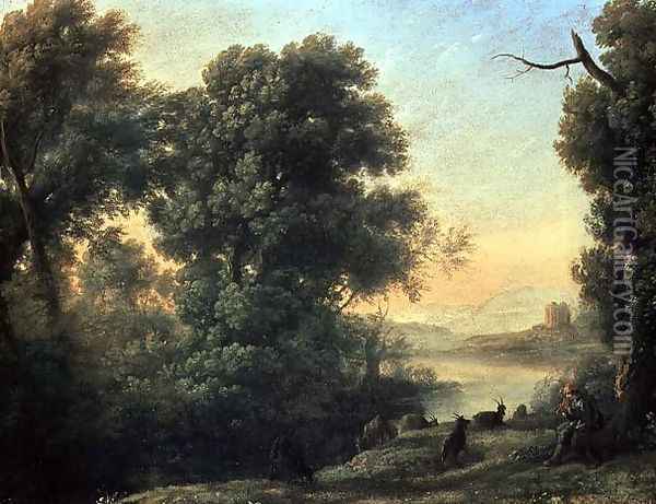 River landscape with Goatherd Piping Oil Painting - Claude Lorrain (Gellee)