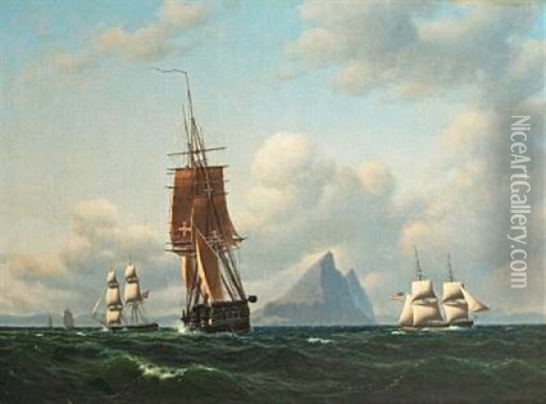 The Frigate "thetis", A Danish Brig And A Brig Under The American Flag By Gibraltar Oil Painting - Carl Dahl