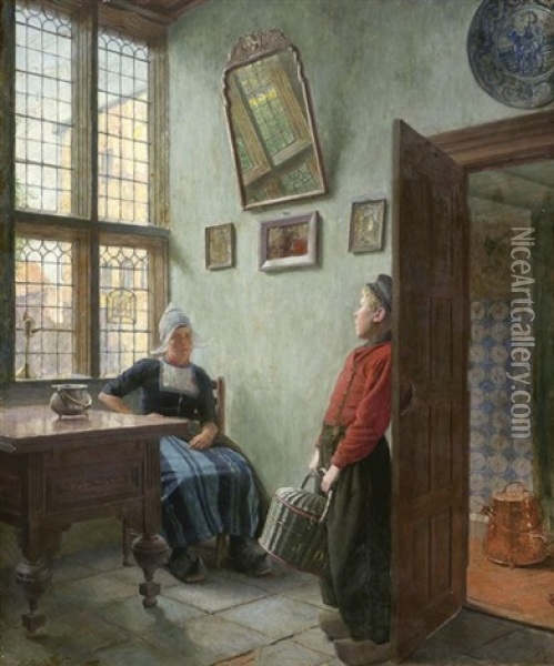 Niederlandisches Interieur (eine Frau Unterhalt Sich Mit Einem Botenjungen) Oil Painting - Ernst Wilhelm Mueller-Schoenefeld