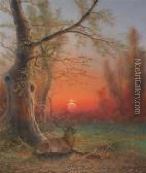 A Stag In A Wood At Sunset Oil Painting - Nils Hans Christiansen