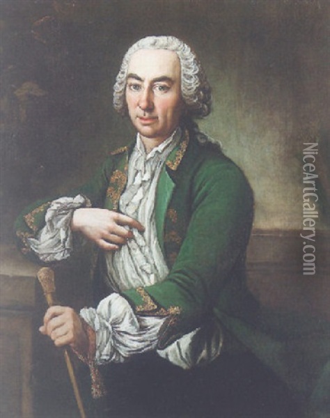 Portrait Of A Gentleman Wearing A Green Coat And Holding A Cane Oil Painting - Giacomo Ceruti
