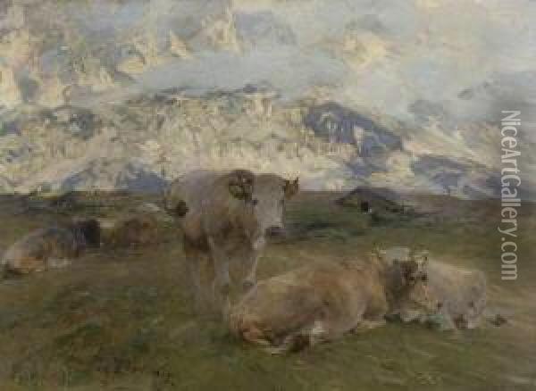 Ruhende Kuhe Auf Einer
 Hochalm. Oil Painting - Heinrich Johann Von Zugel