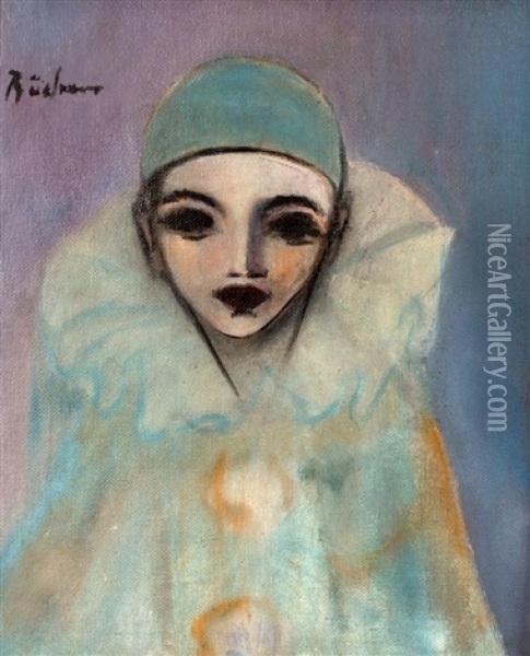 Harlequin In A Pale Blue Costume Oil Painting - Carl Buchner