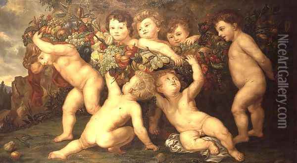 Putti playing with garlands of fruit Oil Painting - Peter Paul Rubens