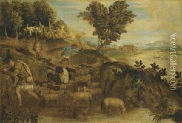 A Pastoral Landscape With Three Shepherds Attending Their Flock Of Sheep And A Donkey, A River With Boats Sailing, A Town And Mountains Beyond Oil Painting - Tiziano Vecellio (Titian)