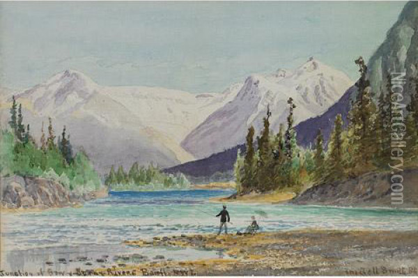 On The Bow River, Banff, N.w.t.; Junction Of Bow & Spray Rivers, Banff, N.w.t. Oil Painting - Frederic Marlett Bell-Smith