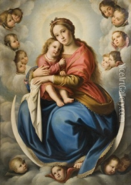 Vierge A L'enfant Dans Une Nuee D'angelots Oil Painting - Giovanni Battista Salvi (Il Sassoferrato)