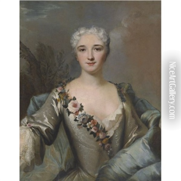 Portrait Of A Lady, Wearing A Silver Dress With A Floral Wreath Oil Painting - Louis Tocque