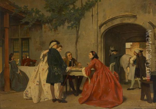 Les Joueurs De Dames Pres Dela Tonnelle Oil Painting - Auguste Serrure