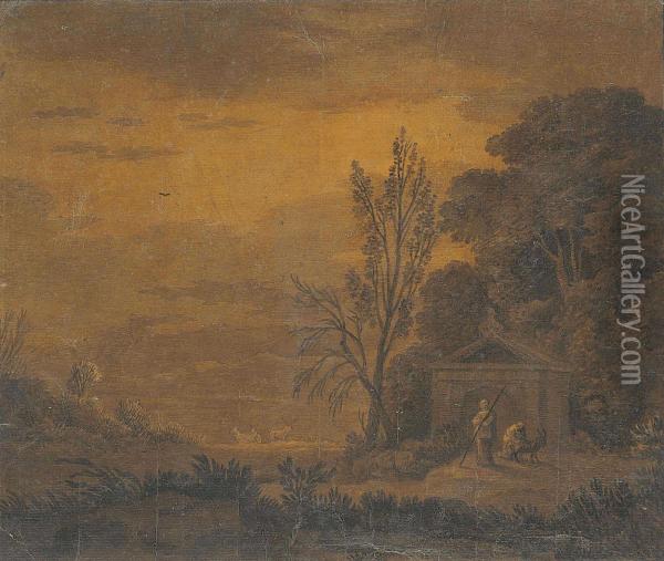 A Wooded Landscape With Two Figures And A Goat Before A Classical Temple Oil Painting - Alexander Cozens