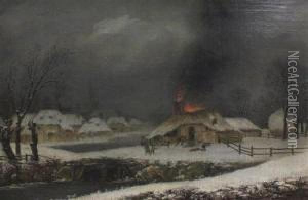 Winter Landscape With Cottage On Fire Oil Painting - George, of Chichester Smith