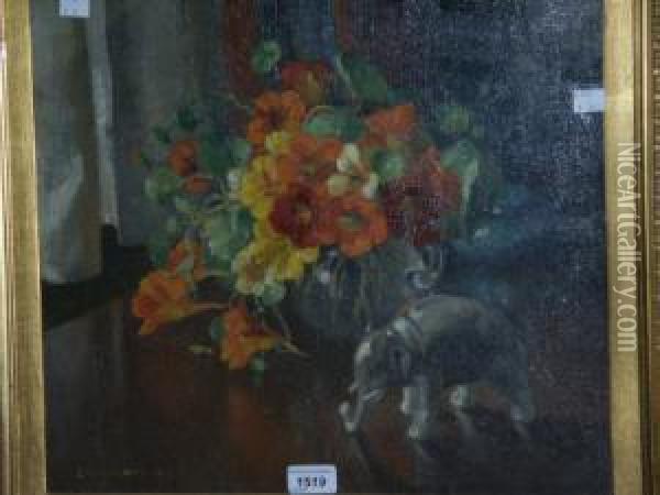 Still Life, Nasturtiums, Ginger Jar And Elephant Model Oil Painting - Edward Hartley Mooney