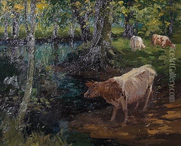 Cows By A River Oil Painting - James MacLaren