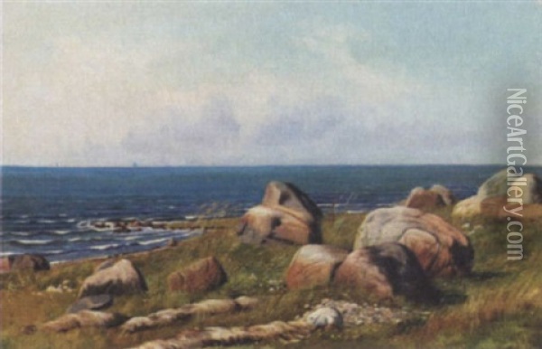 Kystparti Med Store Sten, Antagelig Bornholm Oil Painting - Simon Simonsen