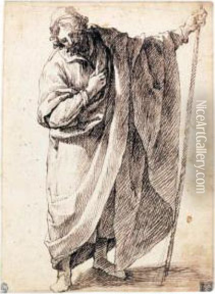 A Standing Figure Of A Man Wearing A Cloak And Holding A Stick Oil Painting - Matteo Rosselli