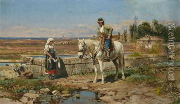 A Buttero At The Fountain Oil Painting - Enrico Coleman
