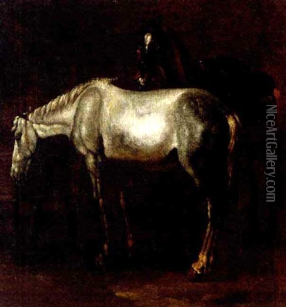 Two Horses By A Water Trough Oil Painting - Matthias Scheits