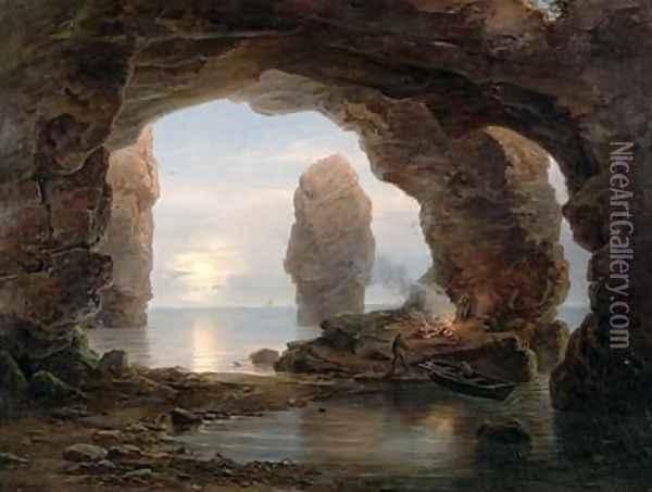 Fisherman in a Grotto Helgoland 1850 Oil Painting - Christian Morgenstern