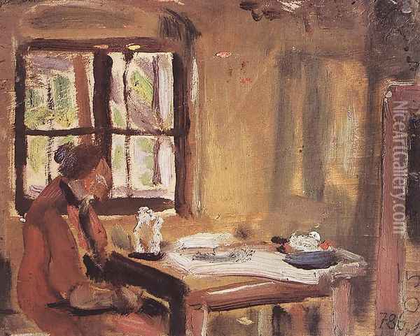 At the Window Rozsi at the Table 1933-34 Oil Painting - Janos Tornyai