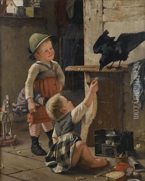 Feeding The Pet Jackdaw Oil Painting - Theodor Kleehaas