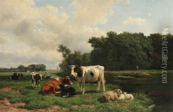 Vaches Au Pre Au Bord De L'eau Oil Painting - Hendrik Savry