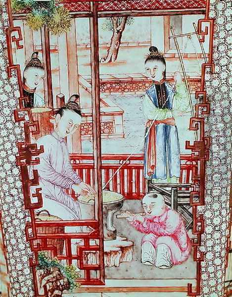 Detail from a vase depicting women spinning silk Oil Painting - Anonymous Artist