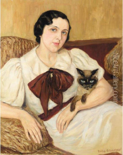 Portrait Of A Lady With Her Cat Oil Painting - Boris Dimitrevich Grigoriev