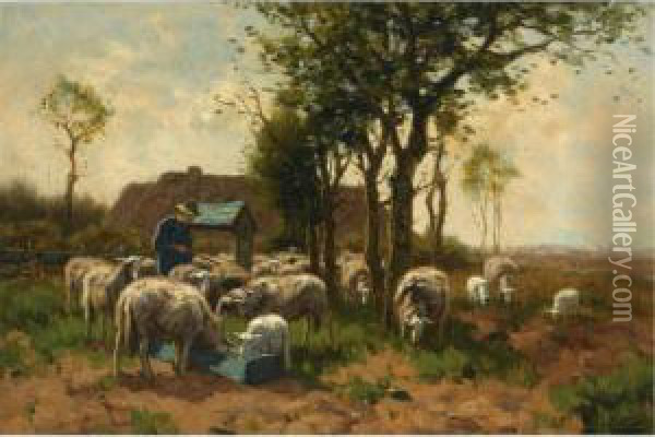 A Flock Of Sheep Grazing And Drinking Oil Painting - Johannes Karel Leurs