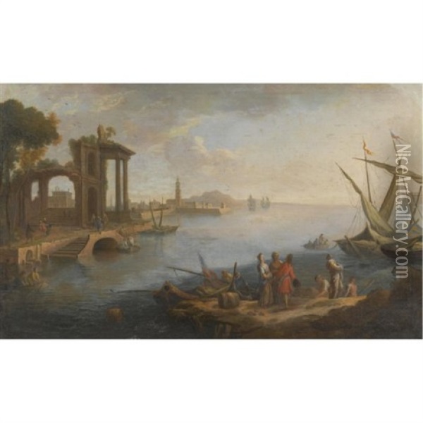 A Coastal Landscape With Figures Conversing In The Foreground Beside Boats, Classical Ruins Beyond To The Left (+ A Coastal Landscape With Herders Resting On A Path With Their Flock And Men Loading Boats, A Fortified Mansion Beyond, Smllr; Pair) Oil Painting - Paolo Anesi