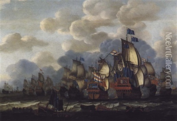 Combat Naval Entre Une Escadre De La Marine Royale Anglaise Et Une Escadre Des Pays-bas Oil Painting - Aernout (Johann Arnold) Smit