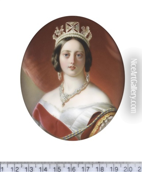 Queen Victoria (1819-1901), Queen Of The United Kingdom Of Great Britain And Ireland (1837-1901), Empress Of India (1876-1901), Wearing White Decollete Dress With Lace Trim Oil Painting - John Haslem
