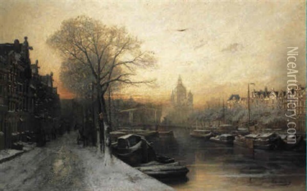 Winter: A View Of The Oude Waal, Amsterdam, At Sunset Oil Painting - Johannes Christiaan Karel Klinkenberg
