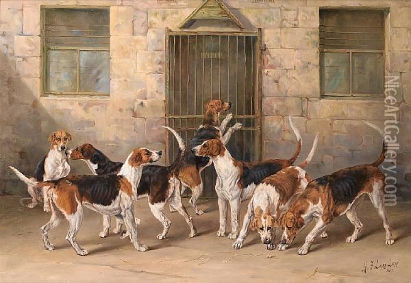 A Group Of Percy Hounds - 
'strangler, Finder, Rifleman, Gainer, Pluto, Doriment, Roman, Hotspur, 
Render, Testy And Greelock' Oil Painting - Henry Frederick Lucas-Lucas