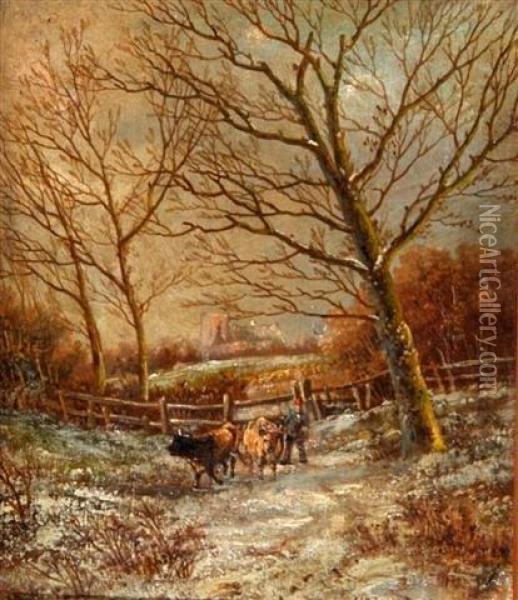 A Drover And Cattle In A Snow Capped Landscape With Church In The Distance Oil Painting - Hendrik Barend Koekkoek