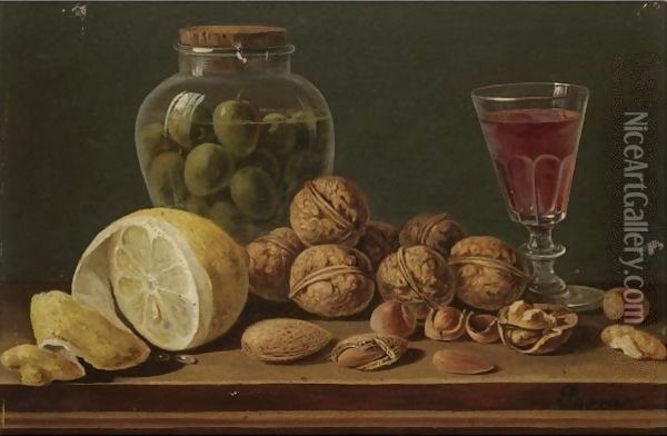 Still Life With Walnuts, Olives In A Glass Jar, A Partly Peeled Lemon And A Glass Of Red Wine Oil Painting - Miguel Parra