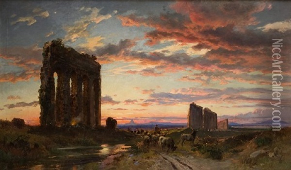 A Roman Aqueduct On The Appia Antica At Sunset Oil Painting - Hermann David Salomon Corrodi