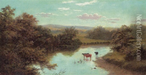 Rinder Am Flussufer Oil Painting - Edgar Longstaffe