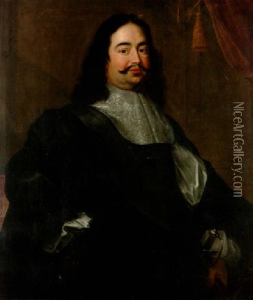 Portrait Of A Gentleman In A Black Robe With Slashed Sleeves And A White Lace Collar, Holding Gloves In His Left Hand Oil Painting - Frans Luyckx