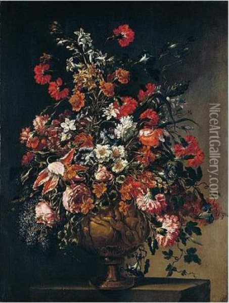 A Still Life Of Various Flowers In An Ormolu Vase With Putti Oil Painting - Mario Nuzzi Mario Dei Fiori