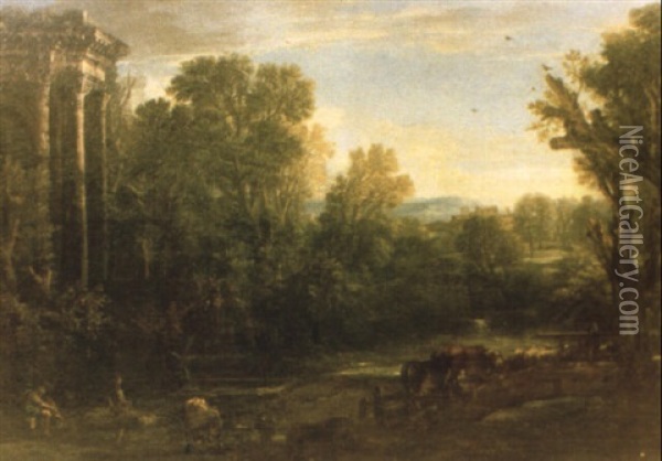 Italienskt Landskap Med Ruin Samt Herdar Med Kor Och Far Oil Painting - Giovanni Paolo Panini
