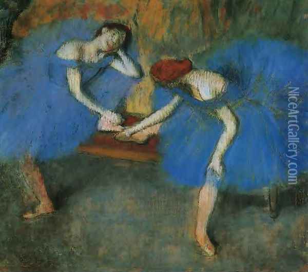 Two Dancers at Rest or, Dancers in Blue, c.1898 Oil Painting - Edgar Degas