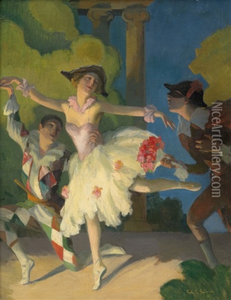 Commedia Dell'arte: Balletttanzerin Mit Zwei Harlekinen Oil Painting - Robert Emil Stuebner