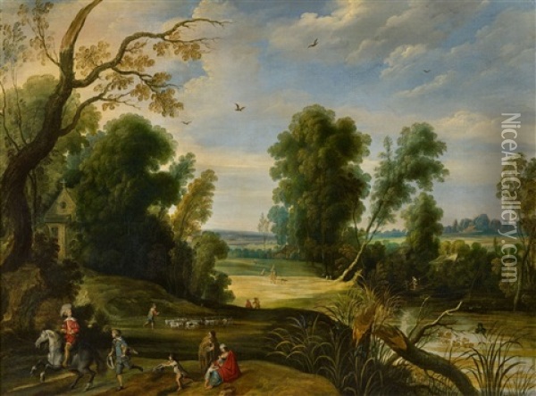 Panoramic Landscape With Shepherds And A Rider Oil Painting - Jan Wildens