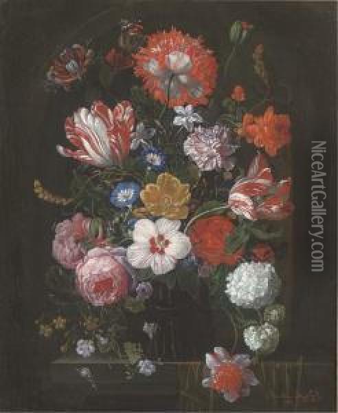 Roses, Tulips, Irises And Other Summer Flowers In A Vase On Aledge Oil Painting - Jan Van Doust
