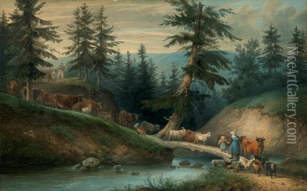 Hirtin Mit Ihrer Herde, Einen Bach Uberquerend Oil Painting - Joseph Friedrich Ehemant