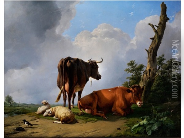 Kuhe Und Schafe In Der Nachmittagssonne Oil Painting - Eugene Verboeckhoven