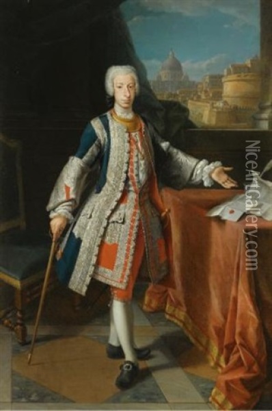 Portrait Of Francisco Pescatori Baroni Mastigoli Y Pasqual, 3rd Marquis Of San Andres De Parma, Wearing The Spanish Order Of Saint James Of The Sword, Behind Him A View Of Rome With Castel Sant'angelo And St. Peter's Basilica Oil Painting - Agostino Masucci